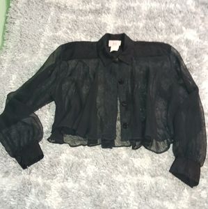 Unique Black Vntg Sheer Organza loose cropped sexy button up both sides blouse